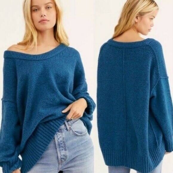 NEW Free People Brookside Tunic Oversized Kawaii Teal Sweater Halcyon Blue Sz Lg - Picture 2 of 7